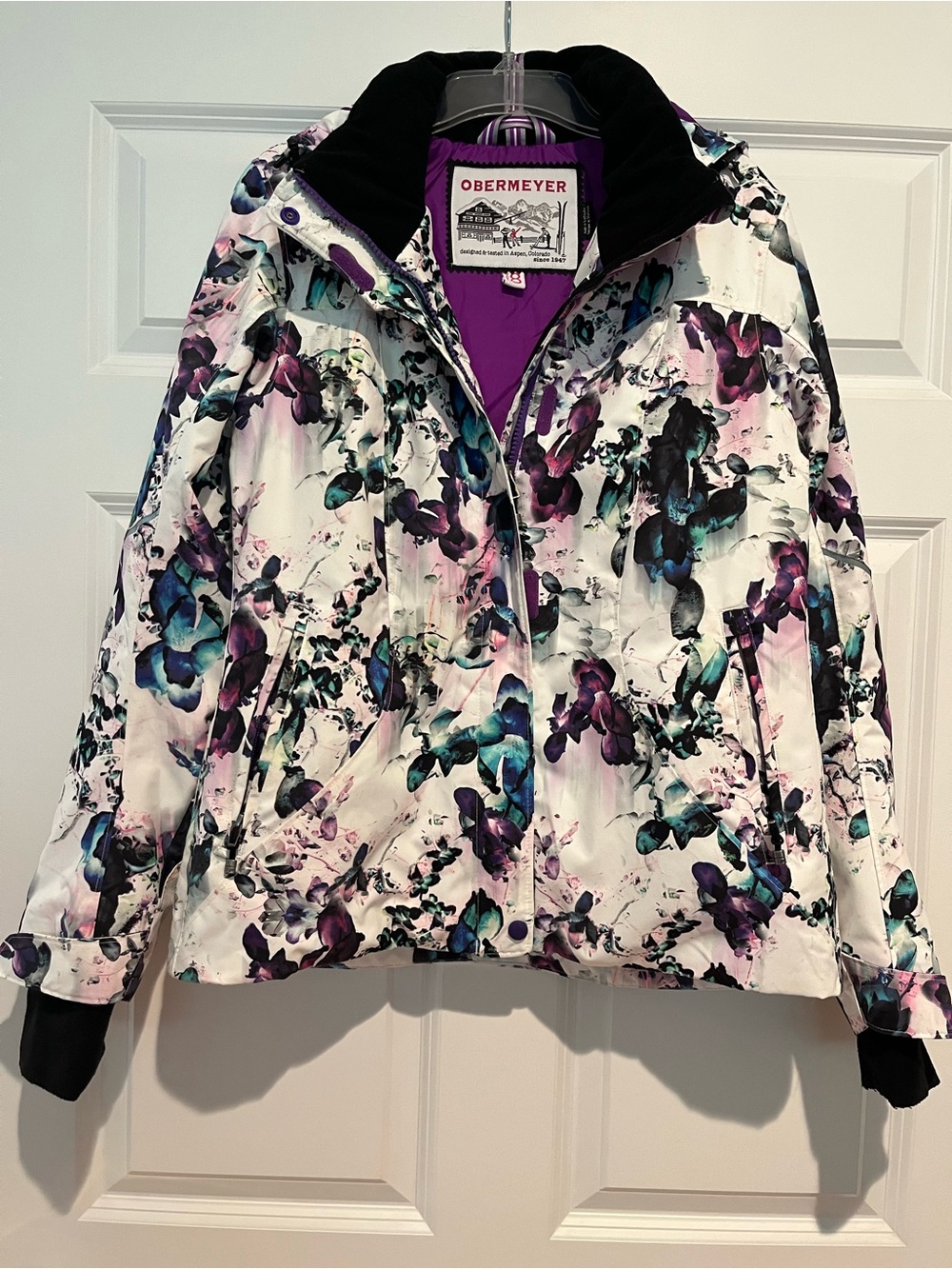 Obermeyer White Floral Ski Jacket with Purple and Teal Accents